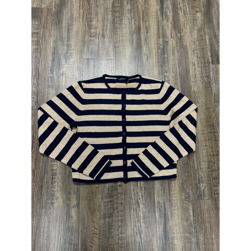 Lauren Ralph Lauren Navy & Gold Button Front Cardigan Medium w/ Pockets NWT